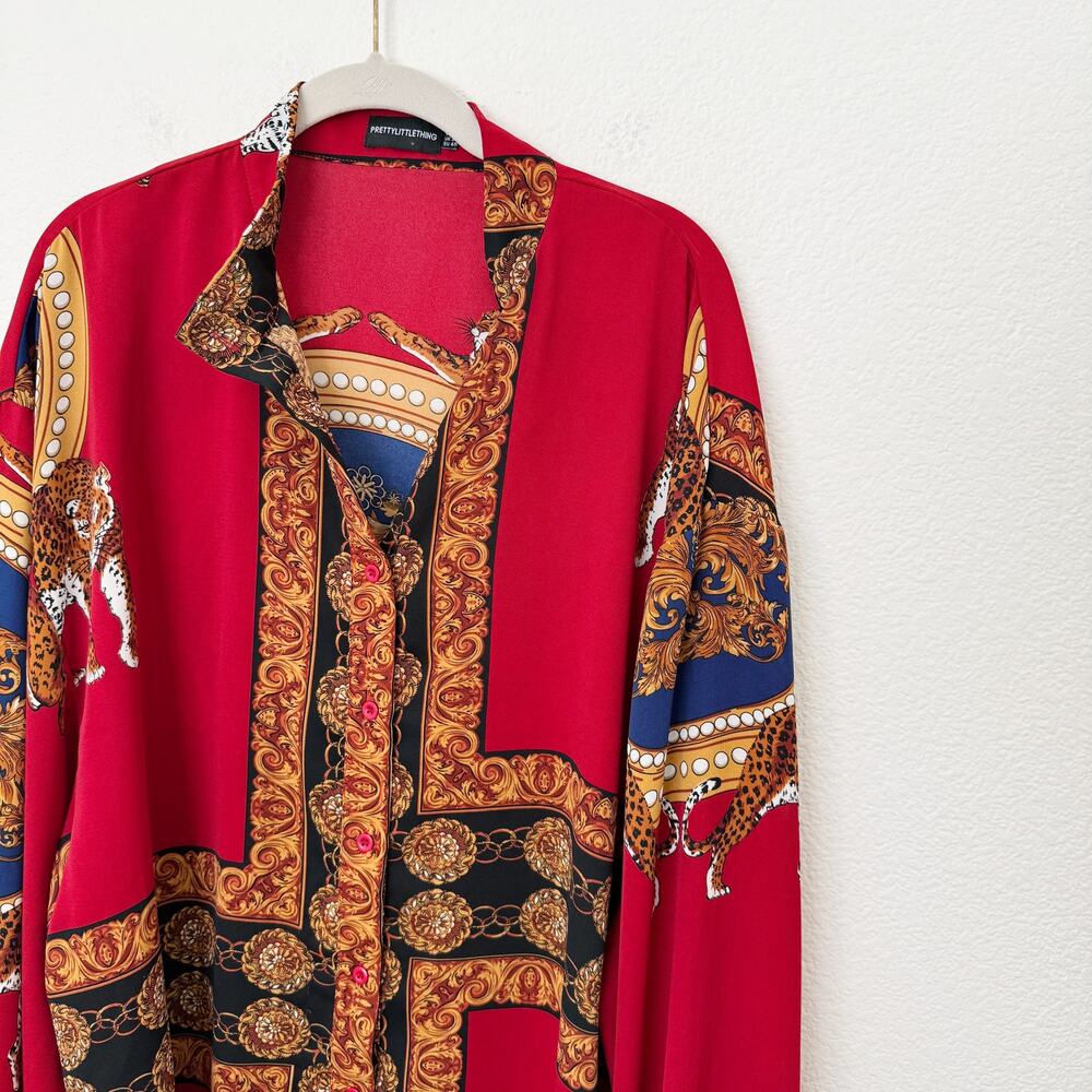 [PrettyLittleThing] Red Baroque Scarf Print Oversized Button Down Shirt Size XL - Picture 5 of 10